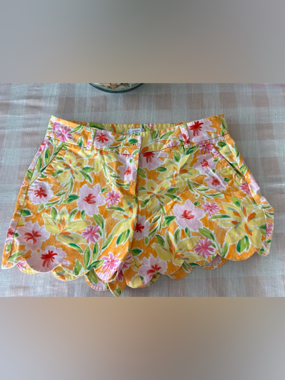 crown & ivy Yellow Pink Green Floral Shorts with Scallop Edge